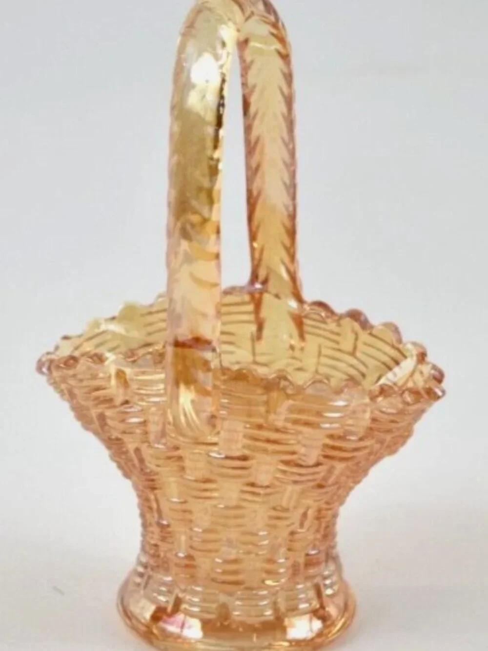 VINTAGE Marigold Small Carnival Glass Weave Handled Basket